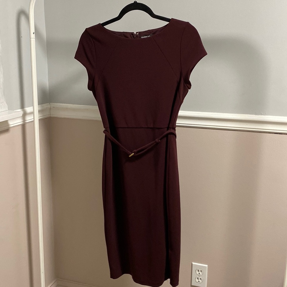 Express Burgundy Midi Short Sleeve Belted Pencil/Body Con Dress
